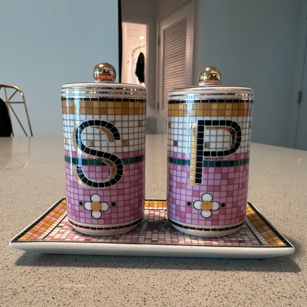 Anthropologie Butterfly Bistro Garden Tile Stoneware Salt & Pepper Shakers